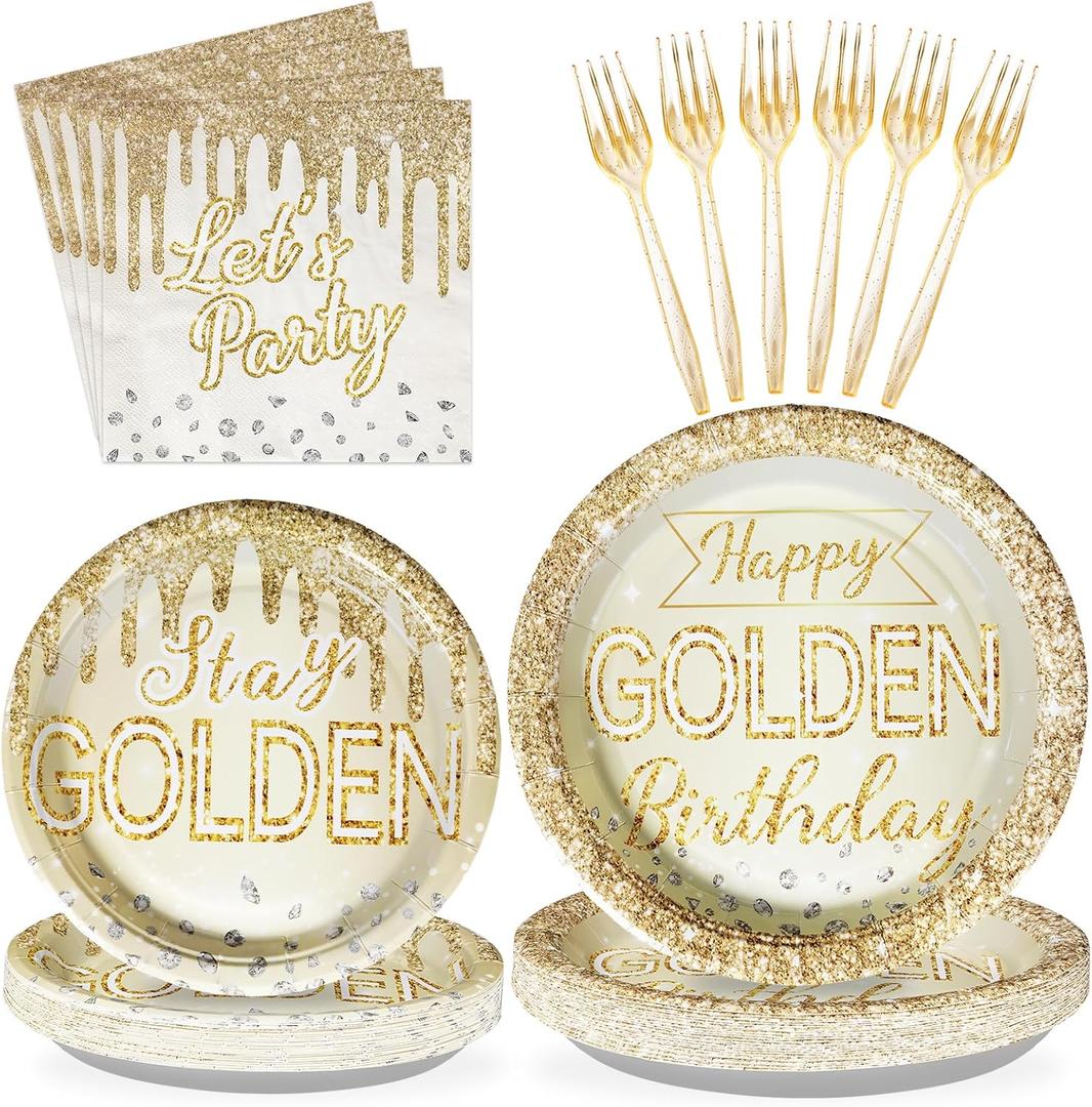 96Pcs Happy Golden Birthday Party Supplies 350GSM Gold Silver Diamond Paper Plates and Napkins Tableware Sets Golden Birthday Party Decorations for Women Men Anniversary Wedding Party Favors Serve 24