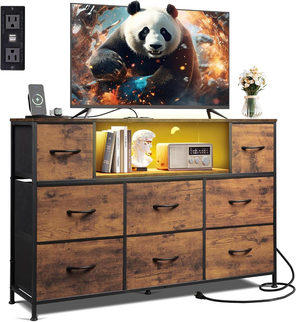 WLIVE Dresser TV Stand for 45, 50, 55 inch TV, Entertainment Center with LED Lights & Charging Station, Chest of Drawers with 8 Fabric Drawers and Open Shelves for Living Room, Hallway, Rustic Brown, 11.73"D X 47.17"W X 26.38"H