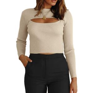CHYRII Women's Cutout Long Sleeve Knitted Ribbed Pullover Sweater Jumper Tops (Large, Apricot)