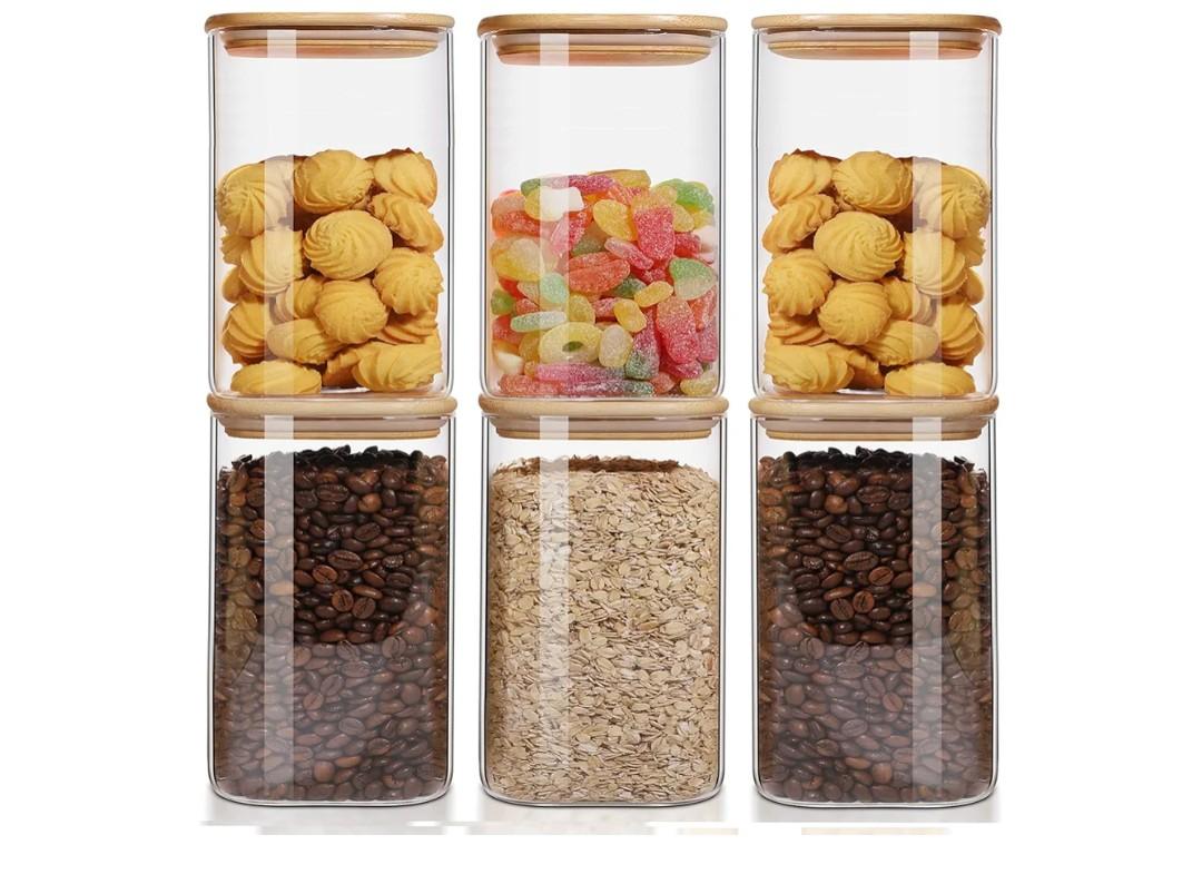 50oz Glass Food Storage Jars Set of 6,Glass Storage Containers Clear Glass Food Canister with Bamboo Lid Airtight For Serving Tea, Coffee, Flour, Sugar, Candy, Cookie, Spice and More (Square)