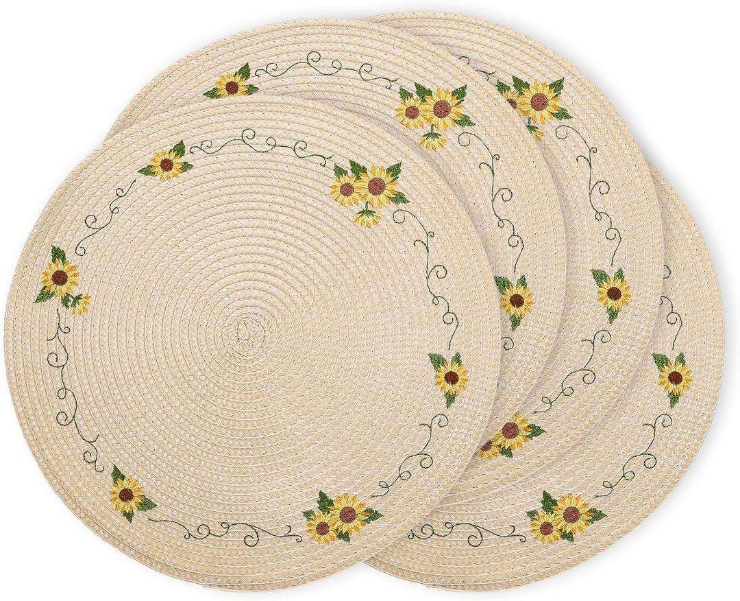 Whaline 4Pcs Sunflower Embroidered Placemats Spring Summer Floral Round Place Mats Dinner Table Mats for Home Holiday Birthday Baby Shower Party Decor