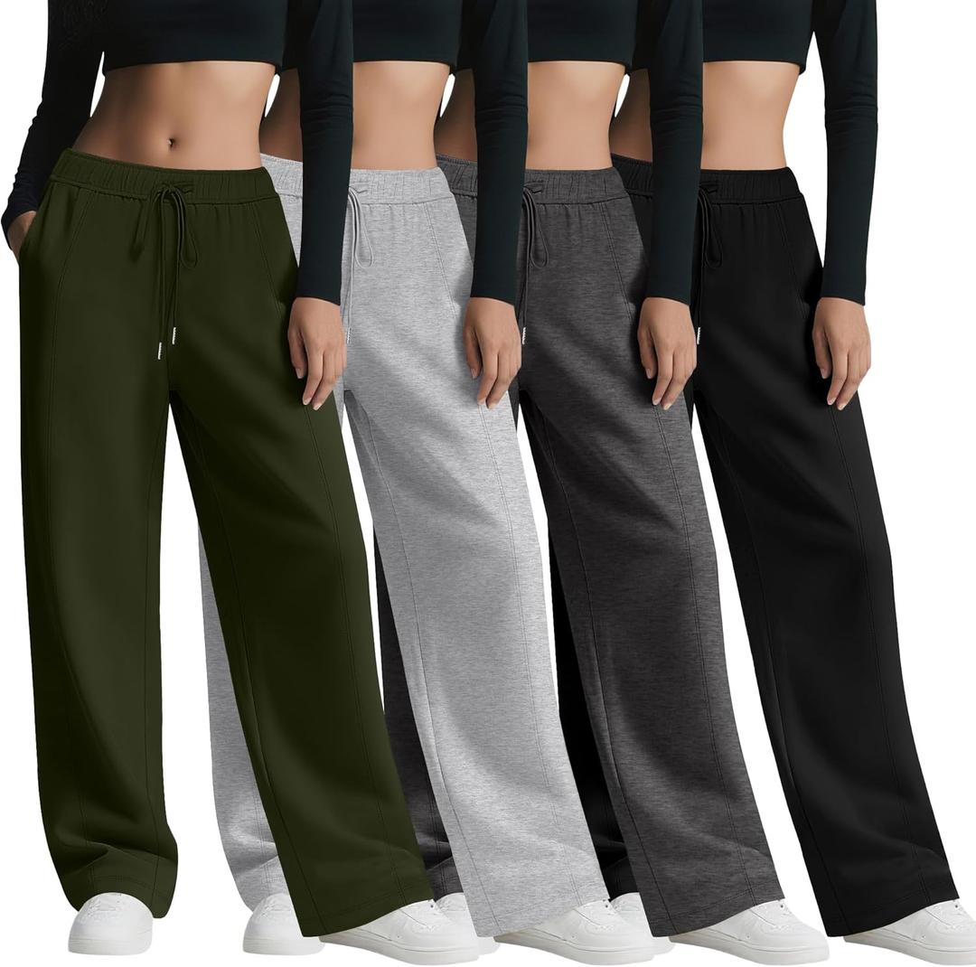 4 Pack Women's Wide Leg Sweatpants, Baggy Straight Elastic Waist Drawstring Multipack Lounge Trousers with Pockets (Large, Army Green, Light Gray, Dark Gray, Black)