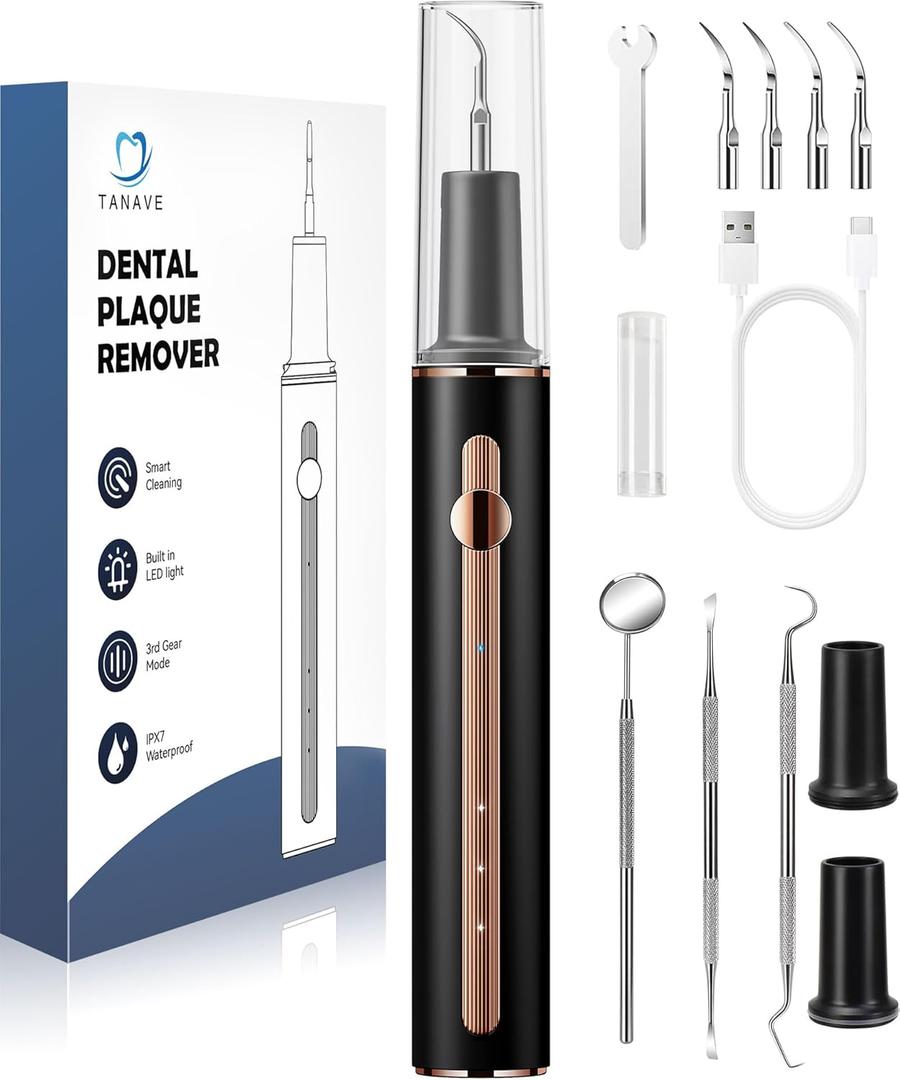 Teeth Cleaning Kit Plaque Remover for Teeth, Portable Dental Plaque Remover Tool with LED, Plaque Blaster for Human Teeth with 3 Modes, Tooth Scraper Plaque Tartar Remover for Teeth with Dental Tools (Black)