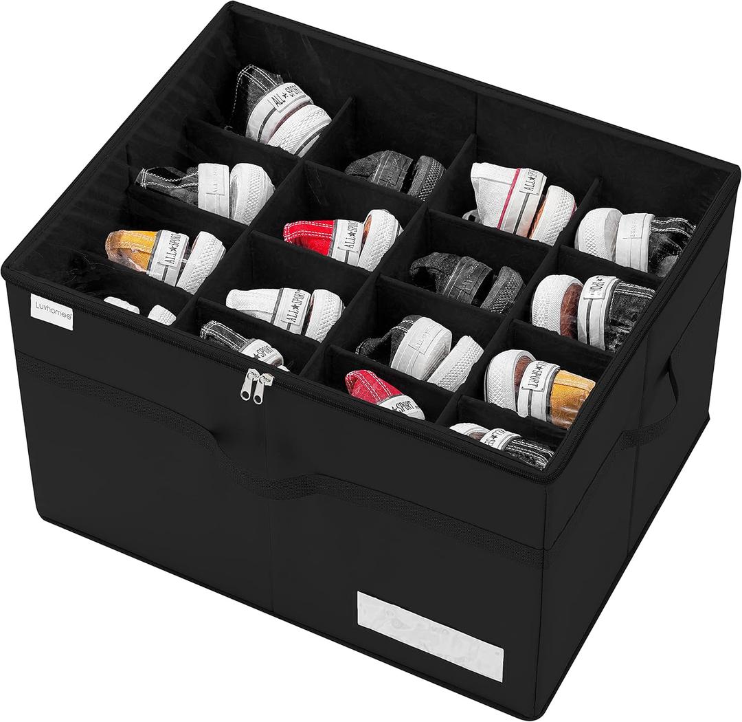 Shoe Storage Organizer, Fits 16 Pairs, Large Shoe Organizer Box for Closet, Clear Foldable Shoes Containers w/Bottom Support, Space Saving Shoe Cubby Storage Boxes w/Reinforced Handles, Black