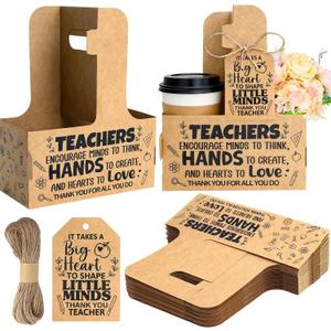 Fancy Land End of Year 2 Cup Drink Carrier with Handle for Teachers Disposable Kraft Cup Holder with Labels from Kids Students Gratitude Supplies Gradation Appreciation Favors 24Pcs