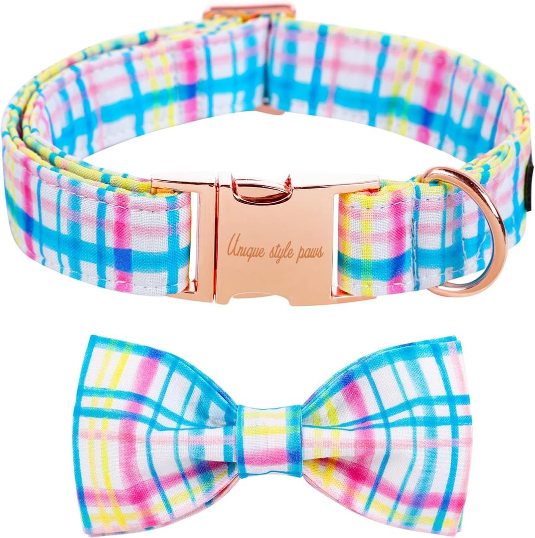 Unique style paws Easter Day Dog Collar with Bow Tie Blue Pink Grid Puppy Collar for Small Medium Large Boys Girls-XS