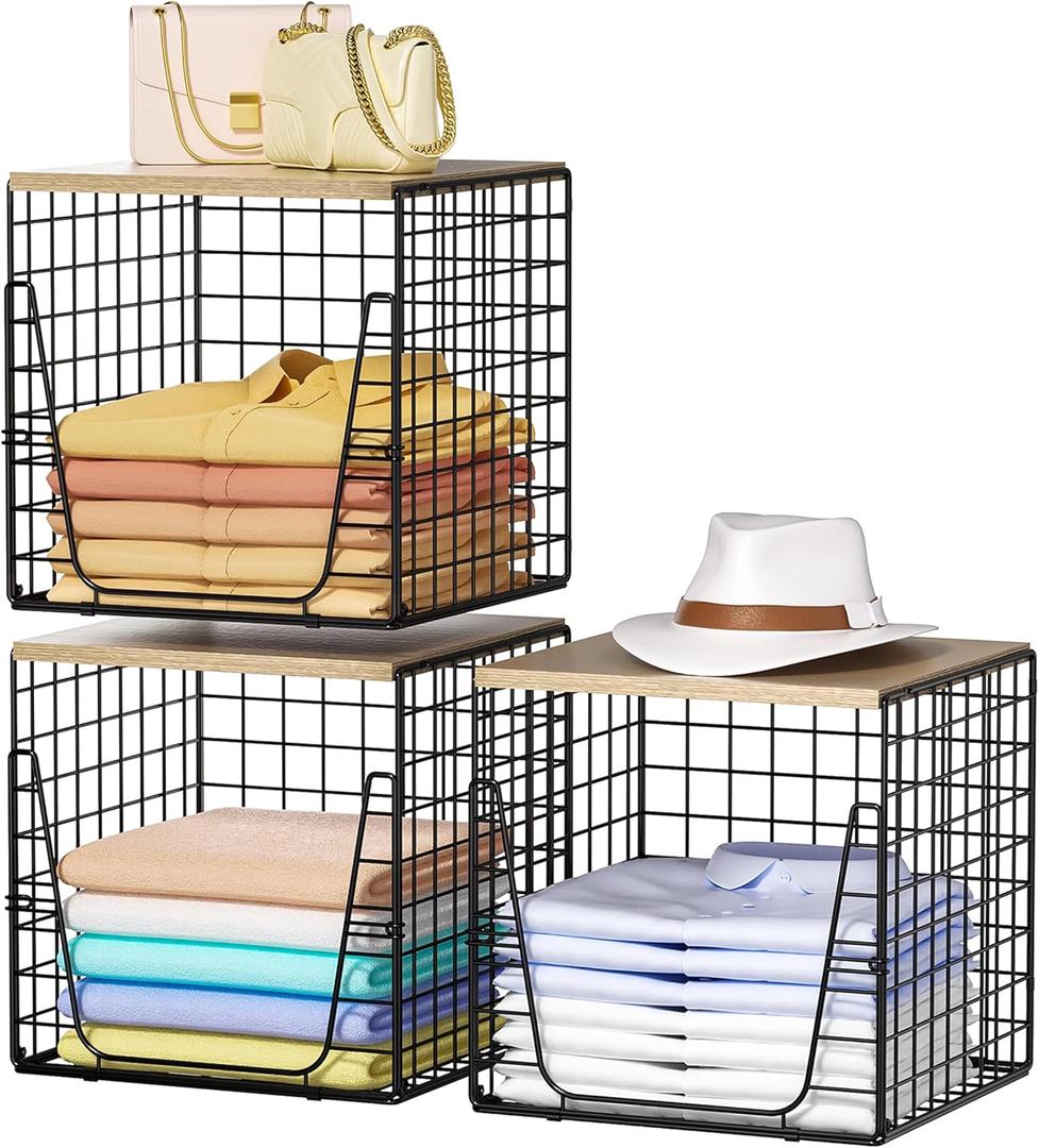 SWTYMIKI 3PCS Closet Organizers and Storage - Stackable Closet Basket with Wood Top Shelf, Clothes Storage Shelves, Clothes Drawer Bins for Wardrobe, Bedroom, Entryway, Black