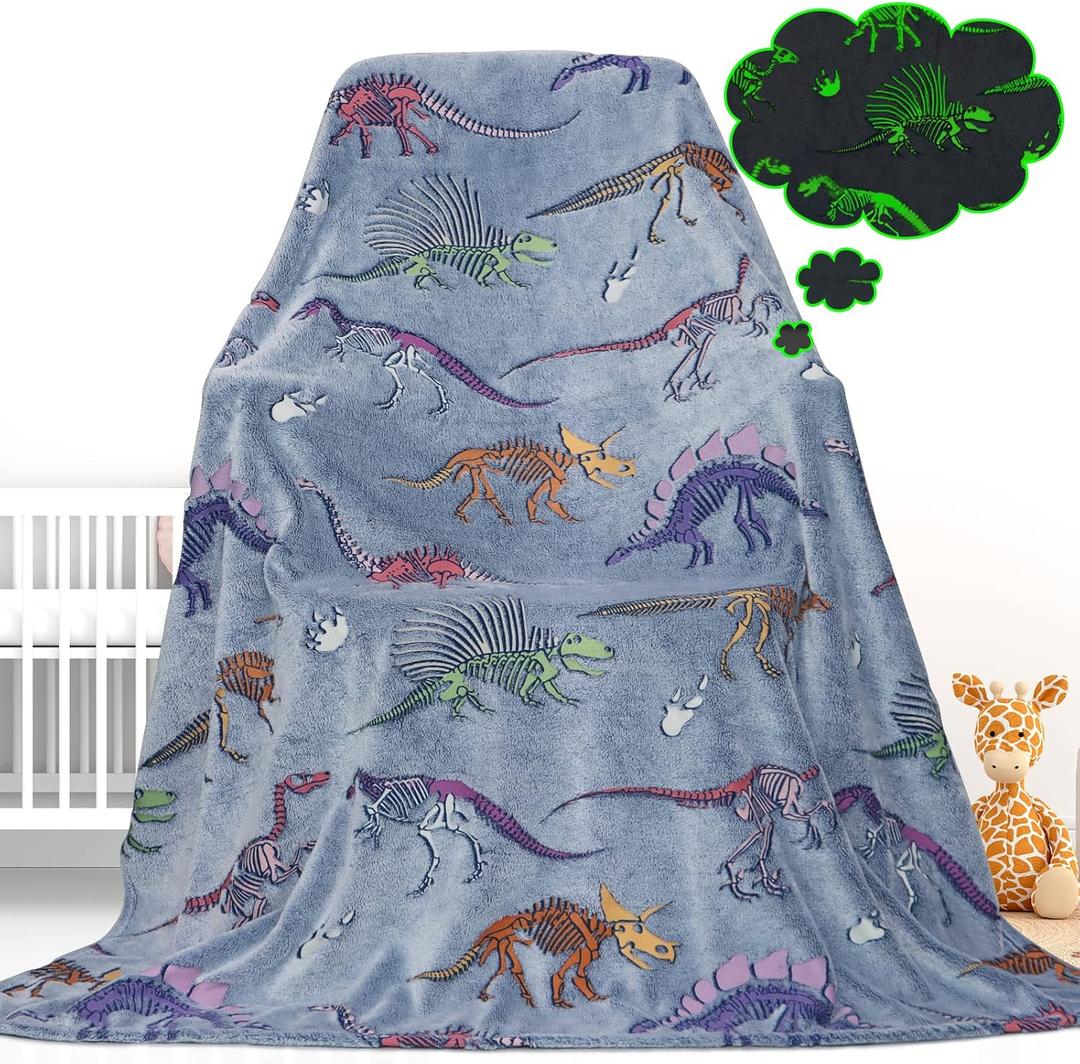 Gdindff Glow in the Dark Dinosaur Blanket for Boys, Dinosaur Toys for 3 4 5 6 7 Year Old Boys, Kindergarten Graduation Gifts for Kids, Cute Dino Gifts Room Decor, Soft Fleece Toddler Blanket 50"x60" (Fluorescent)