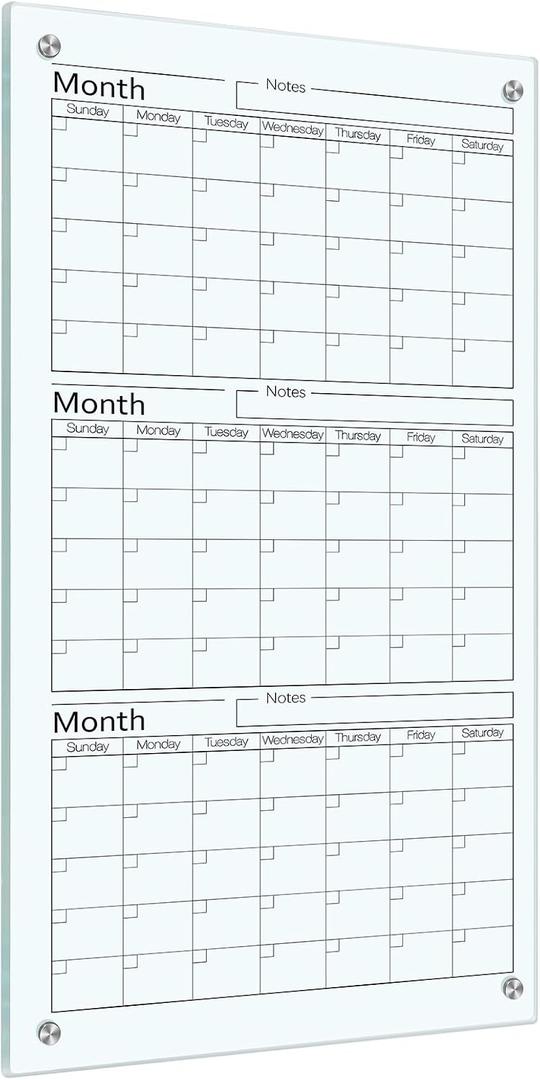 Glass Whiteboard Calendar Dry-Erase White Board Planner Glass Large Wall Mounted Calendar with Marker Tray for Wall Home or Office(Transparent,36" X 18",3 Month)