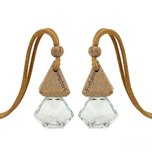 2-Pack Hanging Car Air Freshener, Refillable Glass Diffuser Bottle with Wooden Cap, Drift Car Freshener for Essential Oils, Long-Lasting Scent - Car Accessories for Women Men-Rhombus