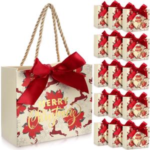 Moinchore 40 Pack Small Christmas Paper Bags with Handles Christmas Goodie Gift Bags with Bow Ribbon 5.5 x 2.4 x 4.7 Inches Xmas Candy Goodies Mini Sack(Red,Poinsettia)