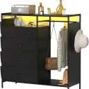 5-Drawer Wardrobe Dresser for Bedroom with Clothes Rack & Side Pockets, Wood Top Organizer with Charging Station & LED Lights, Sturdy Steel Frame – Ideal for Nursery, Closet, Hallway Storage (Black)