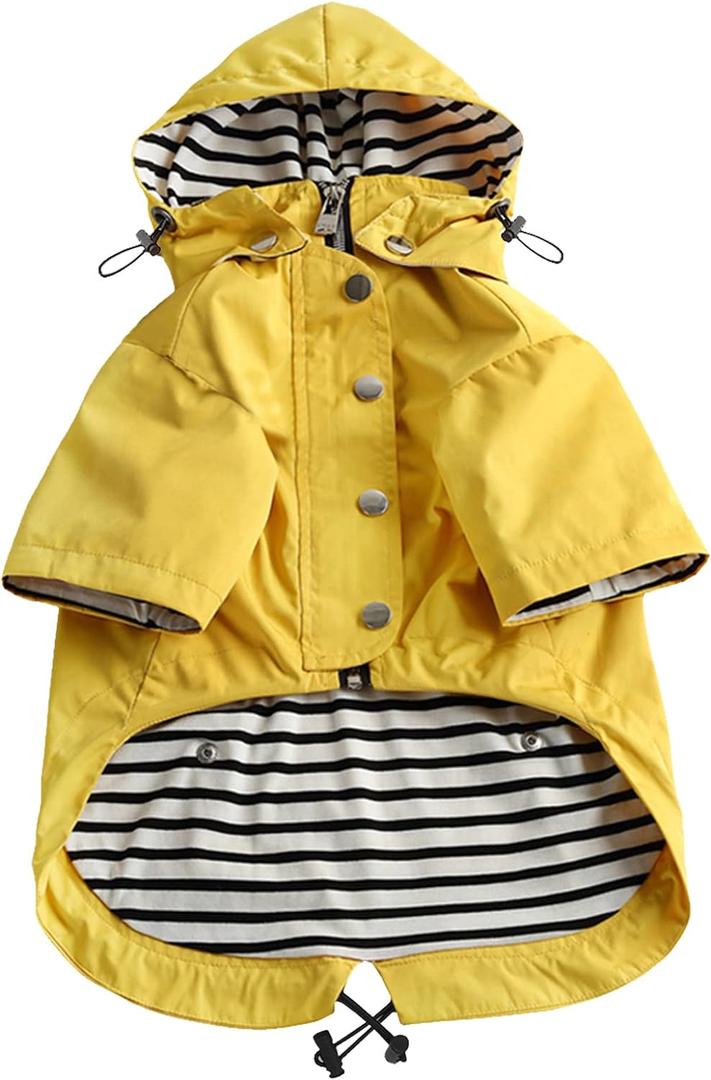 Morezi Dog Zip Up Raincoat with Reflective Buttons, Rain/Water Resistant, Adjustable Drawstring, Removable Hood, Raincoats with Legs - Yellow - L
