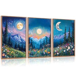 CHDITB Moon Above the Wildflowers Woodland Framed Canvas Wall Art (16"x24")，3 Pcs Abstract Midnight Landscape Nature Artwork Painting, Large Mystical Enchanted Pine Tree Forest Wall Decor for Bedroom Living Room Office