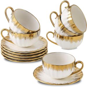 LETAOTAO Cappuccino Cups with Saucers, 7 oz Porcelain Double Espresso Cups Set, Ceramic Turkish Coffee Cups with Gold Trim, Tea Cups Set of 6, Cafe Cups for Latte, Mocha, Au Lait, White