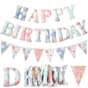 2 Pcs 8 ft Felt English Garden Birthday Banner Pre-Strung Floral Happy Birthday Decoration Triangle Bunting Banner Reusable Felt Garden Garland Decor for Party Photo Prop Home Backdrop