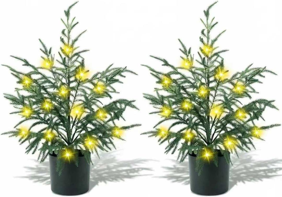 2FT 2Pack Artificial Topiary Trees Outdoor Potted Artificial Plant for Front Porch, UV Resistant Faux Bush Real Touch Pine Trees with Light for Garden, Yard & Patio Decor