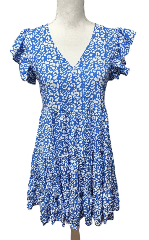 Blue & White Cheetah Ruffle 100% Cotton Sleeveless Dress  M