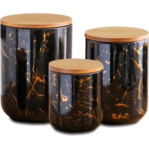 Black Ceramic Canister Set with Wooden Lid, 3-Piece Food Storage Jars for Kitchen Counter, Storage Container for Sugar, Coffee, Tea, Spice