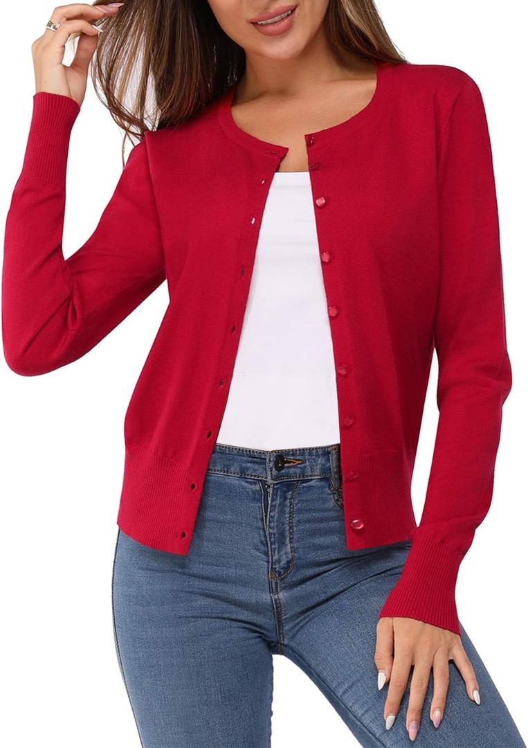 Newshows Women's Lightweight Button Down Cardigan Long Sleeve Casual Crew Neck Soft Knit Cardigans Sweater Tops (Large)