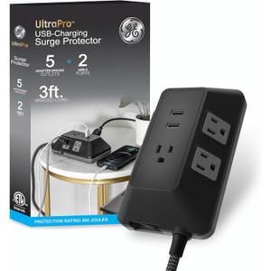 GE UltraPro Adapt 5-Outlet Surge Protector with USB Ports, 2 USB-A Ports, 2.4A, 3ft Braided Cord Power Strip Surge Protector, 560 Joules, Black, 73777