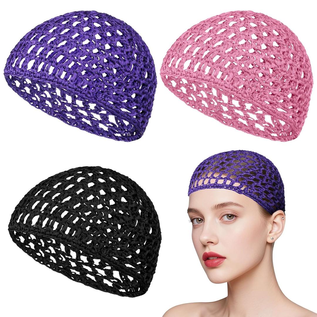 3PCS Net Hair Wrap, Soft Hair Nets for Sleeping Mesh Crochet Hairs Net Rayon Crocheted Sleep Caps Hairs Wraps Crochet Hairnet Sleep Cap Elastic Mesh Hairs Snoods for Women Thick, Long, Short or Curly