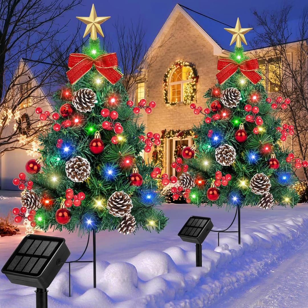 2 Pack Solar Christmas Tree Lights Decorations, Outdoor Waterproof for Pathway Yard Patio Lawn Christmas Decoration, Green, HD-254-1-B