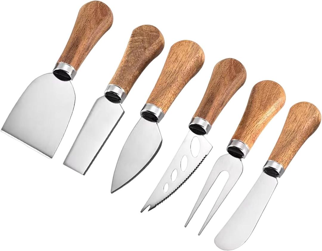 6 Piece Cheese Knives Set with Wooden Handle, Mini Steel Stainless Cheese knife set for Charcuterie and Cheese spread, Perfect for Cheese Slicer and Butter Cutter (Acacia)