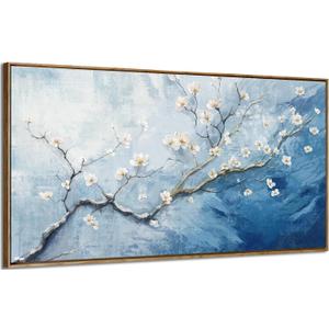 Nicetop Framed Wall Art for Living Room - Large Plum Blossom Canvas Art Prints with Wood Frame - Blue and White Artwork Abstract Ocean Wall Picture Bedroom Office Dining Room Coastal Decor 48x24 Inch