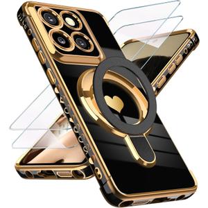 for Motorola Moto G Stylus 5G 2025 Love Heart Kickstand Case with 2X Screen Protector: Luxury Plated Gold Edge Slim Soft TPU Shockproof Protection Case for Moto G Stylus 5G 2025 (Black)