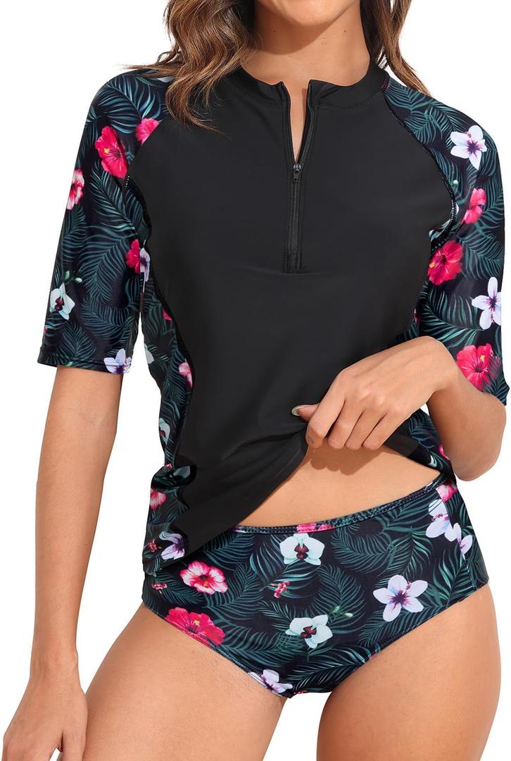 Daci Women 2 Piece Rash Guard Long Sleeve Zipper Bathing Suit with Bottom Built in Bra Swimsuit UPF 50 XXS