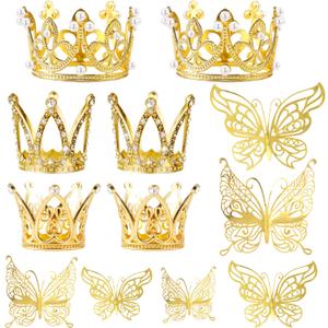 30 Mini Crown Cake Toppers - Small Gold Tiara with Butterfly Decoration for Wedding, Baby Shower, Birthday Party