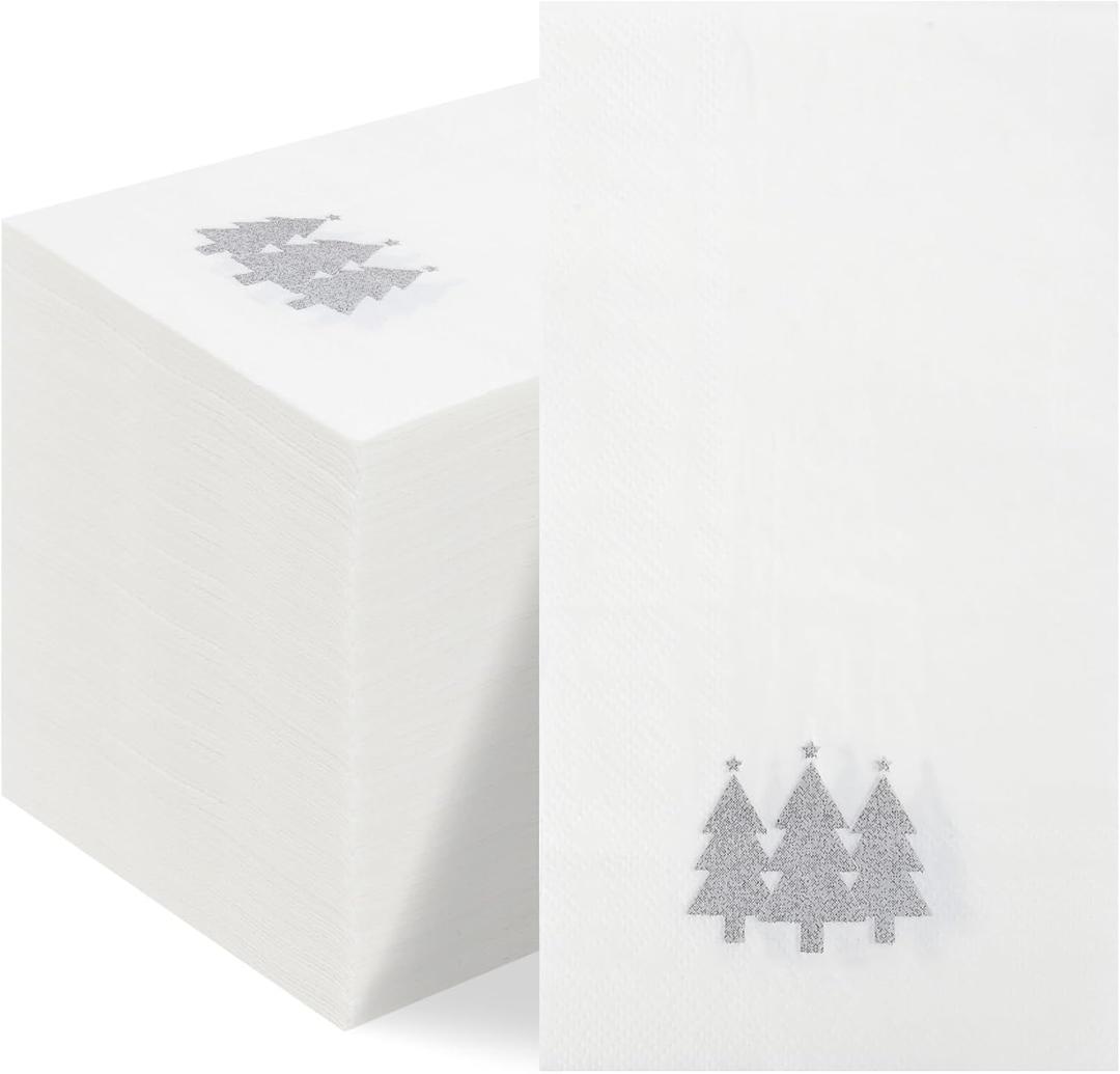 100 Pack Christmas Napkins Disposable Paper Napkins Christmas Cocktail Napkins Silver Xmas Trees Dinner Napkins Holiday Hand Towels for Kitchen Bathroom Table Decorations Xmas Party Supplies