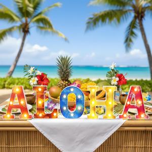 Hawaiian Luau Party Decorations Aloha Light up Sign Summer Aloha LED Marquee Letter for Party Decorations Hibiscus Tropical Alphabet Letter Summer LED Lights for Wedding Night Birthday
