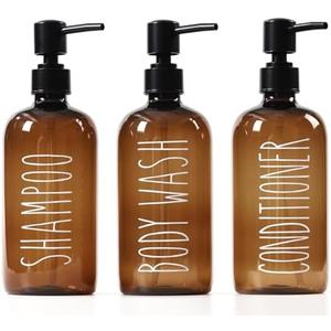 HOMCDALY Shampoo and Conditioner Dispenser Set of 3, 21oz Shower Soap Bottles with Pump, Refillable Shampoo Conditioner Body Wash Dispenser, Empty Bathroom Shower Shampoo Bottles(P-Brown)(+pump-pressure)