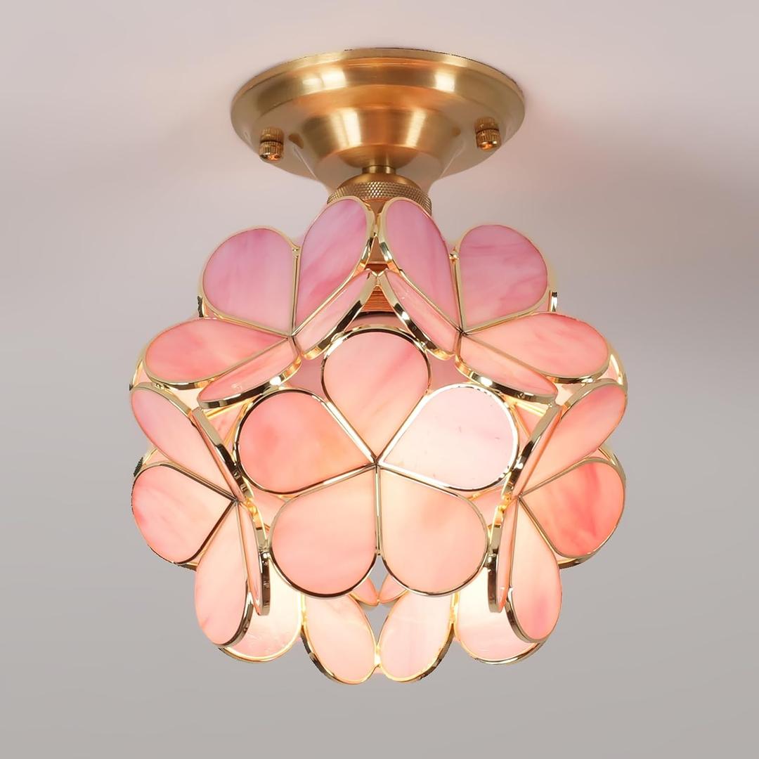 Flower Ceiling Light Fixtures, Cute Stained Glass Flush Mount Lamp, Small Semi Flush Mount Light for Hallway, Entryway