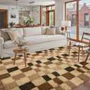 6x9 Checkered Area Rug Brown Fluffy Shag Living Room Carpet Washable Non-Slip Soft Pile Fuzzy Throw Rug for Bedroom Dorm Bathroom Dining Room Home Aesthetic Decor Office
