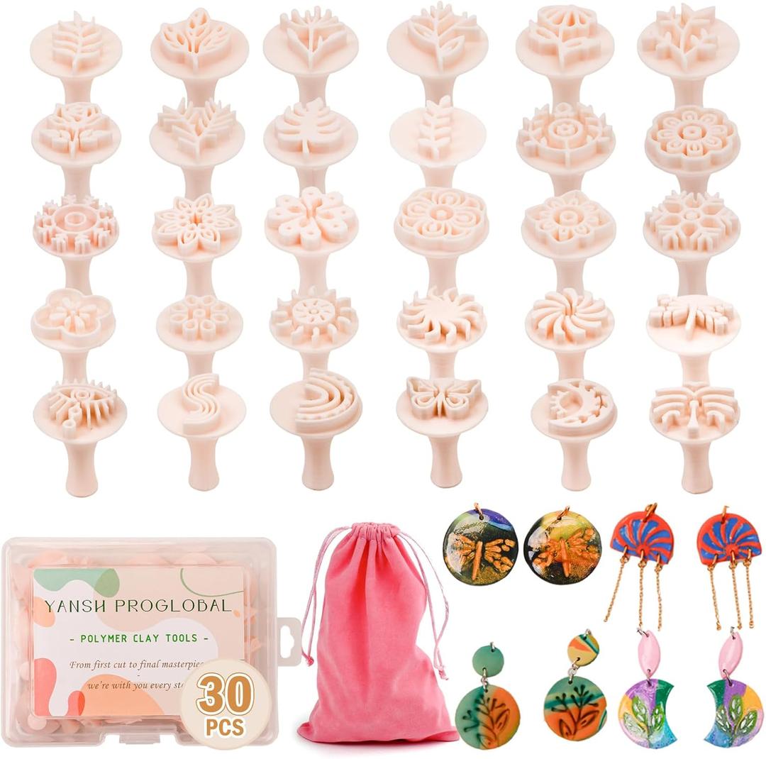 30 Pcs Polymer Clay Stamps and Molds Set with Storage Box, Boho Mandala Floral and Leaf Patterns, Pottery Stamps for Clay Crafts, Cookie Stamps (YANSH PROGLOBAL)