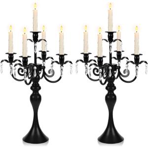 20''Tall Black Crystal Pendant Taper Candle Holders/Stylish Candle Stands/Candlesticks Holder/Candelabra for Home Decor, Weddings/Parties/Elegant Dining Table Centerpiece (2, Black, 5 Arm)