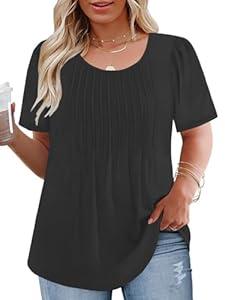 VISLILY Womens-Plus-Size-Summer-Tops Trendy Puff Short Sleeve T Shirts Cute Flowy Pleated Blouses Casual Crewneck Tunics Tee XL