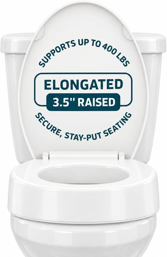 ELLAI Raised Toilet Seat, 3.5” Elevated Elongated Toilet Seat Riser with Soft Close Lid, 400 lb Capacity, White