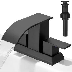 Hoimpro 3 Holes 4 Inch Bathroom Faucet,4" Centerset Vanity Waterfall Bathroom Sink Faucet 2 Hole Two Handles cUPC Supply Hoses Pop Up Drain Matte Black