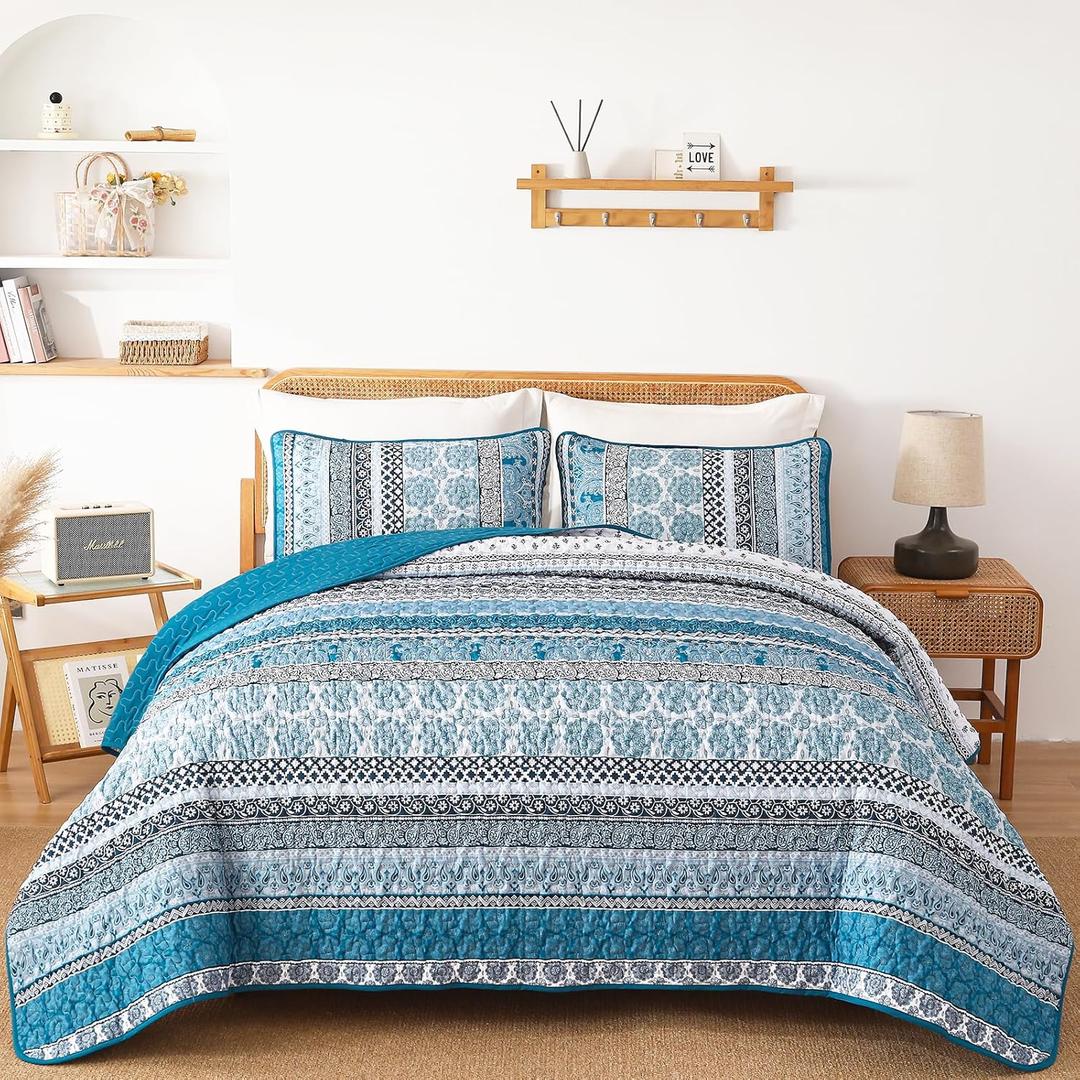 WONGS BEDDING Boho Quilt Set Queen Size, Teal Blue Bohemian 3 Pieces Quilt Sets, Lightweight Bedspread Coverlet Bedding Set for All Season (96"x90")