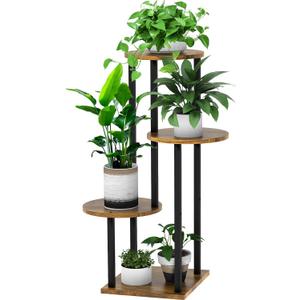 4 Tier Wood Tall Plant Stand Metal Rack Indoor, Multiple Flower Pot Holder Shelves Corner Rack, Round Planter Shelf Display Rack Storage Organizer for Patio Living Room Balcony(Black)
