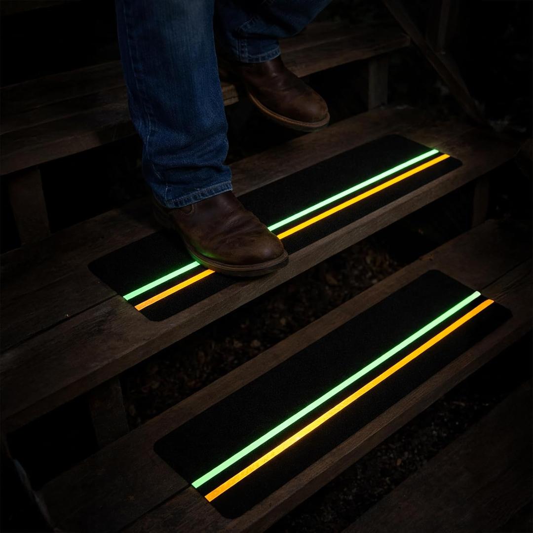 S&X 10-Pack Outdoor Stair Treads Non-Slip with Reflective & Glow-in-The-Dark Strips Pre-Cut 6" x 24" Heavy Duty Anti Slip Tape High Traction Waterproof  Perfect for Stairs, Ramps, Decks, Boats