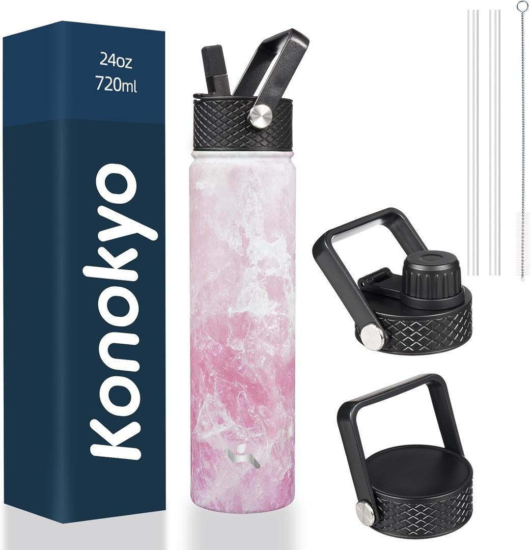 Konokyo Insulated Water Bottle 24oz Stainless Steel Sport Bottles with 3 Lids,Marble Blossom