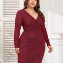 ZOMVA Plus Size 0X-4X Sparkly Glitter Ruched Bodycon Mini Dress Sparkle Sequin Wrap Ruffle Sleeve Dress Cocktail Party Formal (Red, XXXL)
