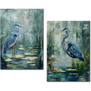 2 Panel Bird Wall Art Blue Heron Pictures Framed Bird Prints Artwork Heron in the Pond Natural Print Painting for Living Room Bedroom Office Wall Decor, 24"L x 16"W