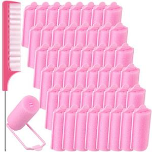 Syhood 48 Pcs Foam Sponge Hair Rollers Soft Sleeping Curlers Flexible Sponge Curler and Rat Tail Comb for Women Hairdressing Styling (Pink, 0.98 inch)