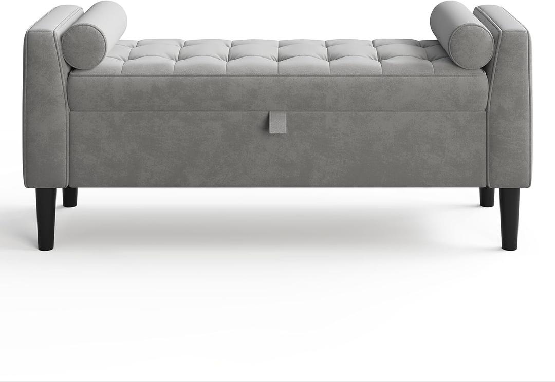 46.5 in Grey Velvet Storage Ottoman Bench Upholstered End-of-Bed Bench, Footrest Seat ,Multi-Functional Shoe Bench with Rolled Armrests & Wood Legs, for Entryway, Living Room, Bedroom & Hallway